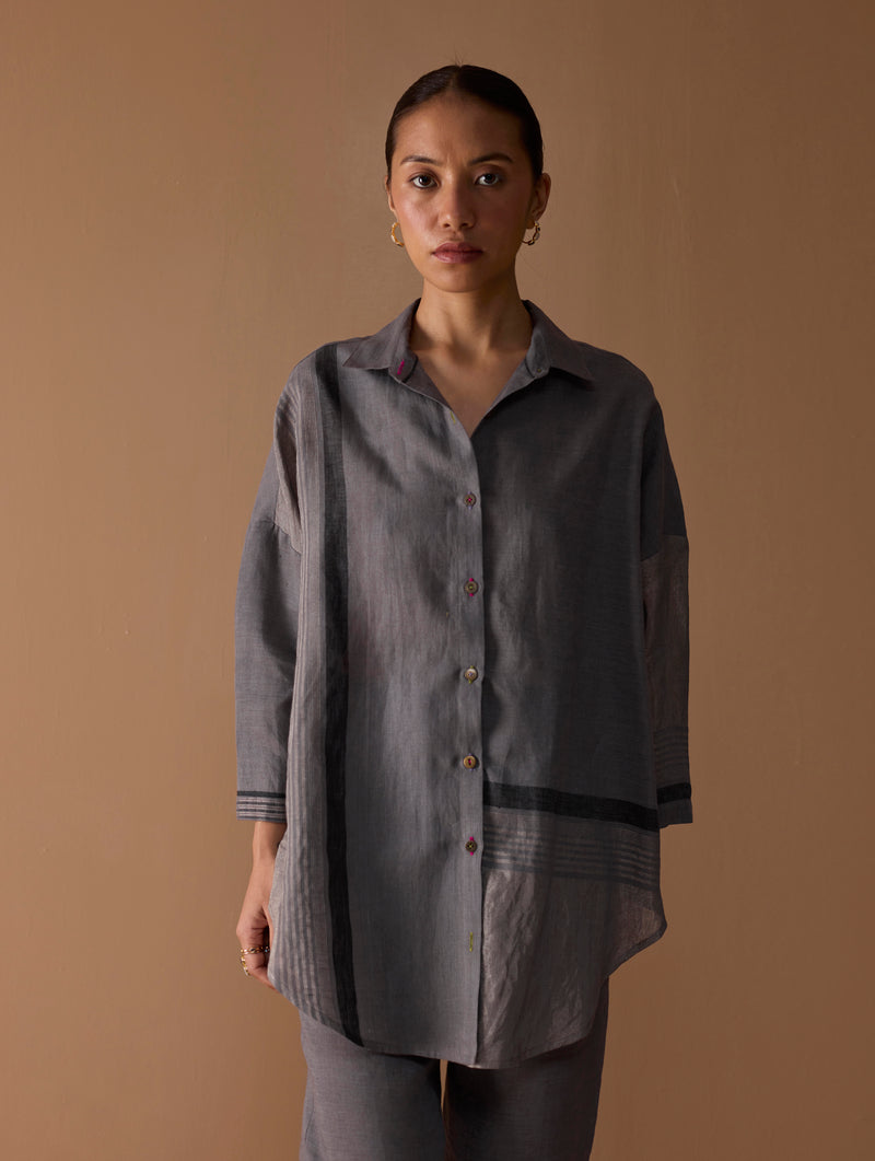 Iza Metallic Linen Shirt - Metallic Grey