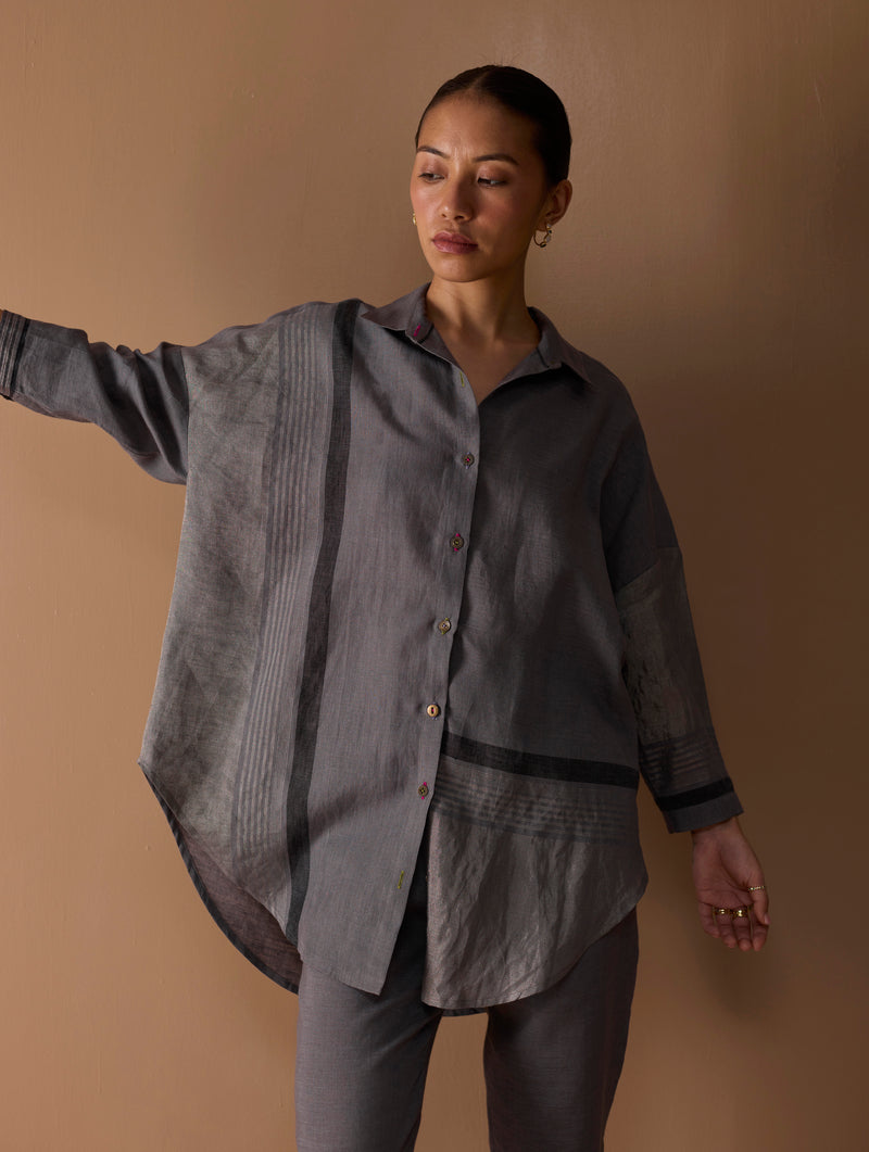 Iza Metallic Linen Co-ord Set - Metallic Grey