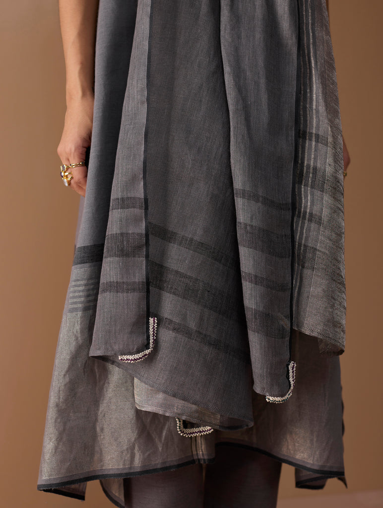 Baro Metallic Linen Stripe Dupatta - Metallic Grey