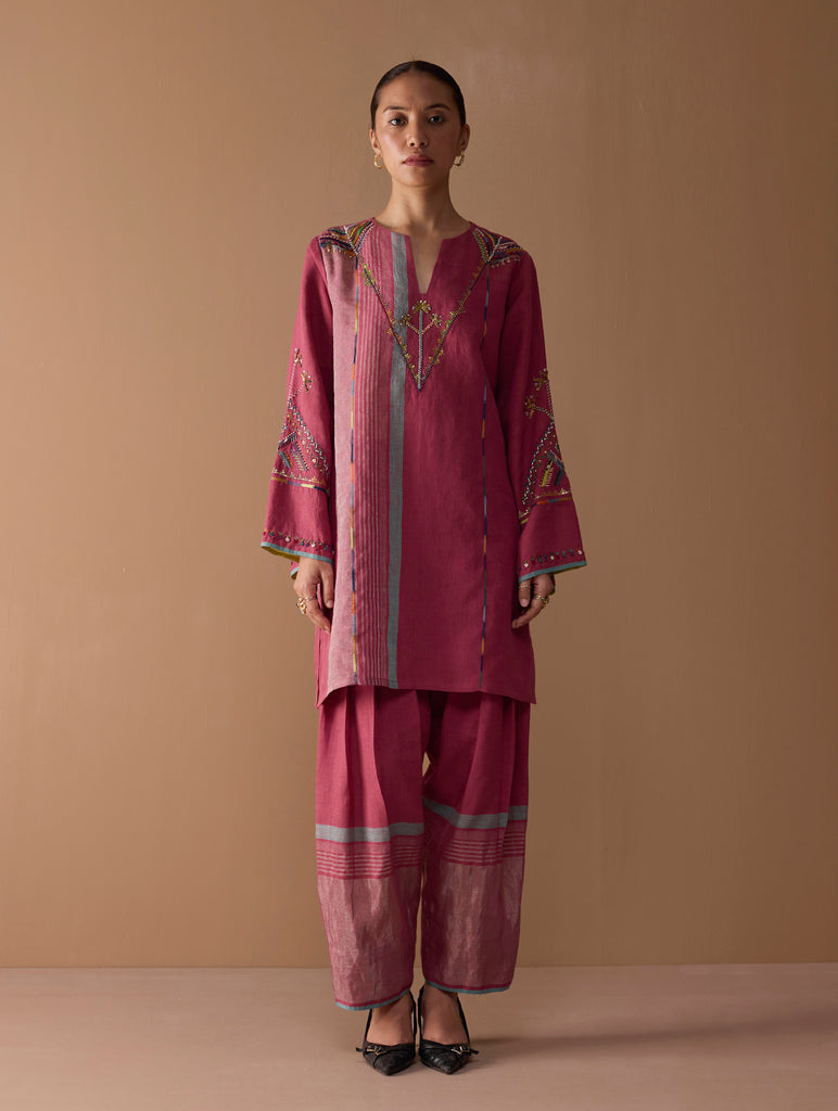 Sahar Hand-Embroidered Kurta - Metallic Crimson