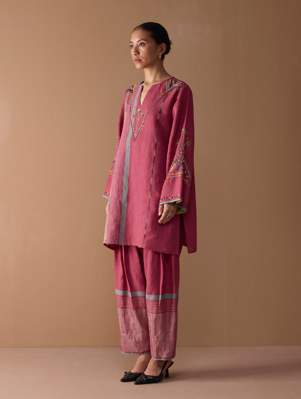 Sahar Hand-Embroidered Kurta Set - Metallic Crimson