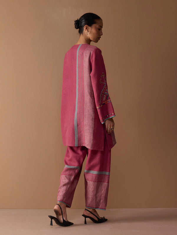 Sahar Hand-Embroidered Kurta Set - Metallic Crimson