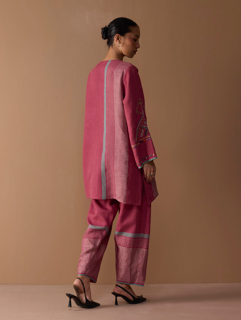 Sahar Hand-Embroidered Kurta Set - Metallic Crimson