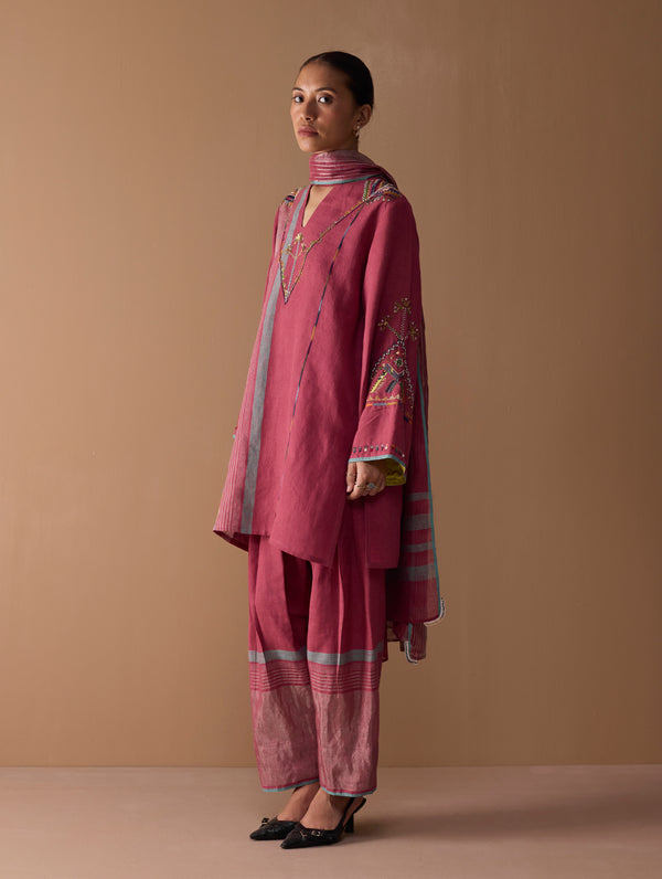 Sahar Hand-Embroidered Kurta Set - Metallic Crimson