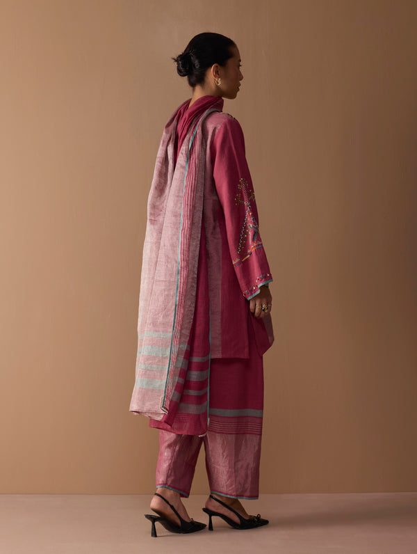 Sahar Hand-Embroidered Kurta Set - Metallic Crimson