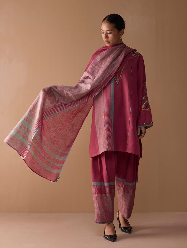 Sahar Hand-Embroidered Kurta Set - Metallic Crimson