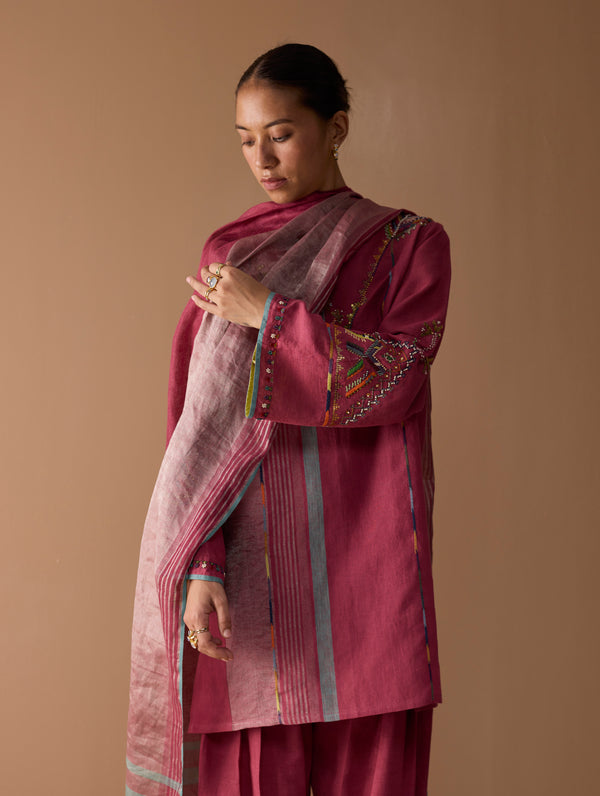 Sahar Hand-Embroidered Kurta Set - Metallic Crimson