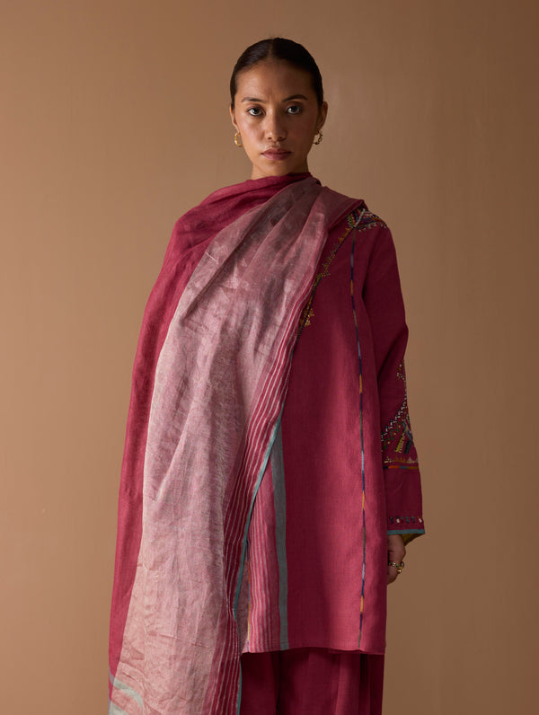 Sahar Hand-Embroidered Kurta Set - Metallic Crimson