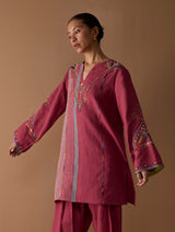 Sahar Hand-Embroidered Kurta Set - Metallic Crimson