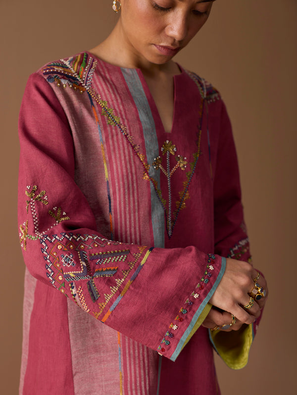 Sahar Hand-Embroidered Kurta Set - Metallic Crimson