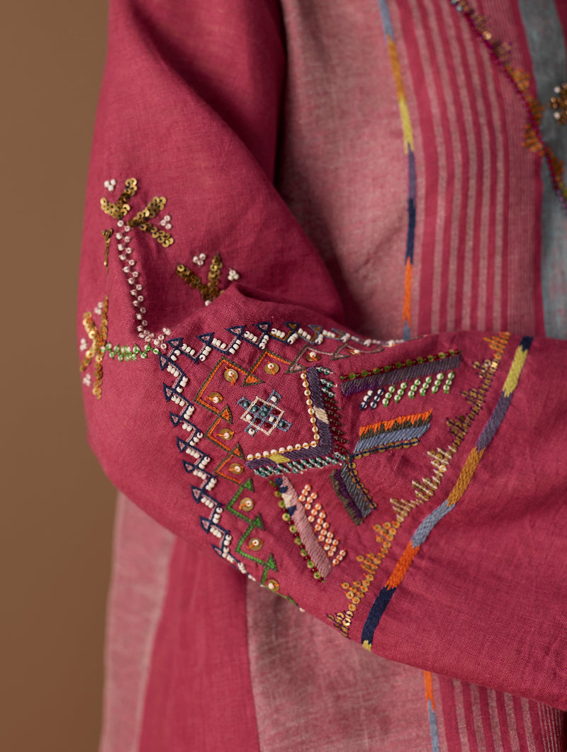 Sahar Hand-Embroidered Kurta Set - Metallic Crimson