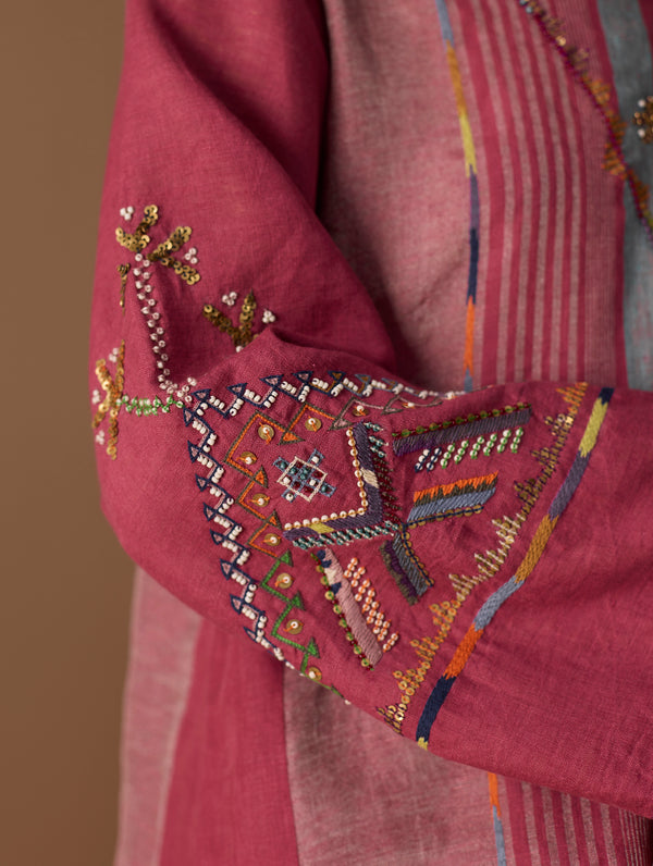 Sahar Hand-Embroidered Kurta - Metallic Crimson