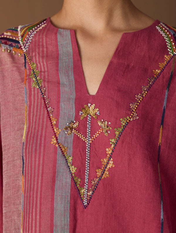Sahar Hand-Embroidered Kurta Set - Metallic Crimson