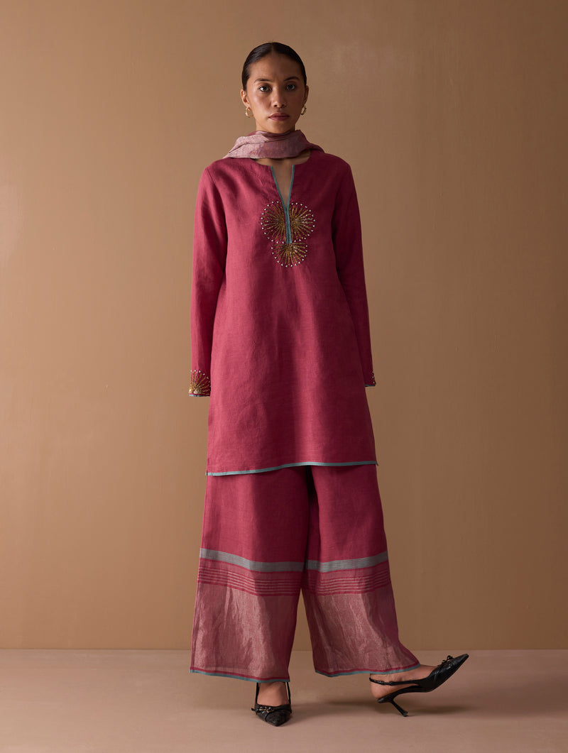 Gul Sequin Embroidered Short Kurta Set - Crimson