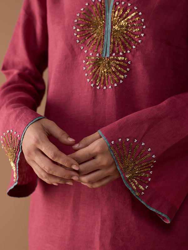 Gul Sequin Embroidered Short Kurta Set - Crimson