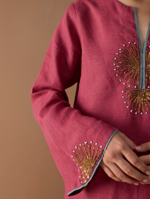 Gul Sequin Embroidered Short Kurta Set - Crimson