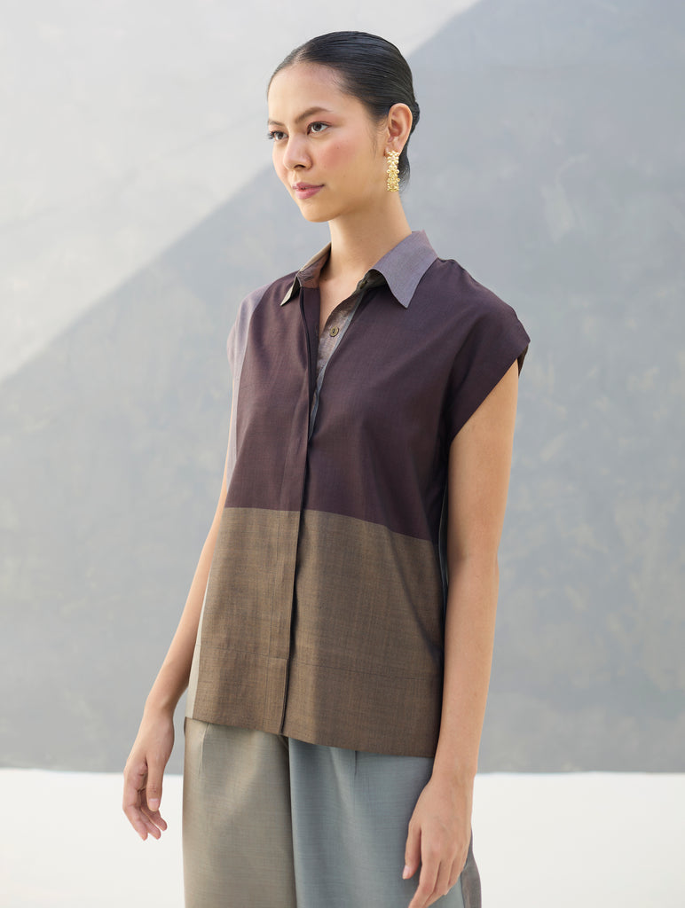 Aana Cap-Sleeve Eri Silk Shirt -  Taupe Grey