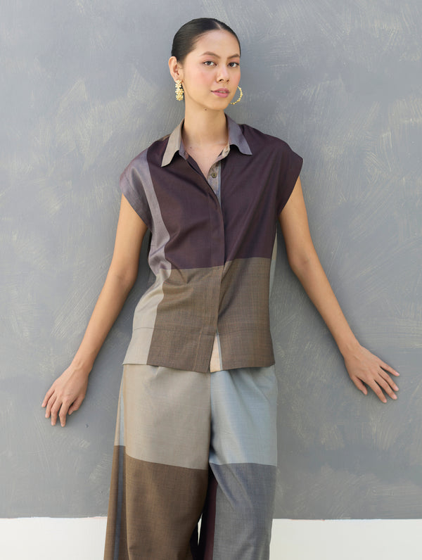 Aana Cap-Sleeve Eri Silk Shirt -  Taupe Grey