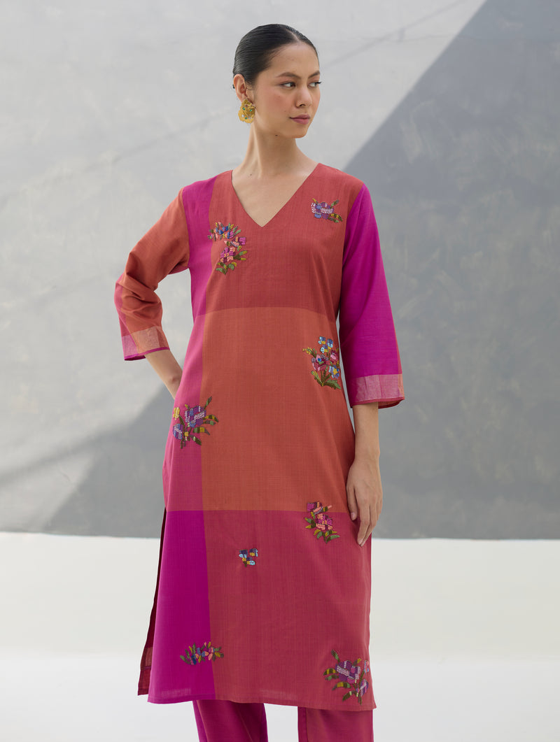 Nira Hand-Embroidered Eri Silk Kurta -  Rose