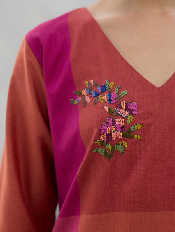 Nira Hand-Embroidered Eri Silk Kurta -  Rose