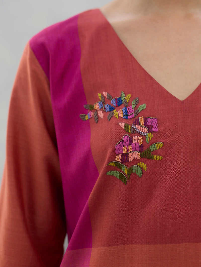 Nira Hand-Embroidered Eri Silk Kurta -  Rose