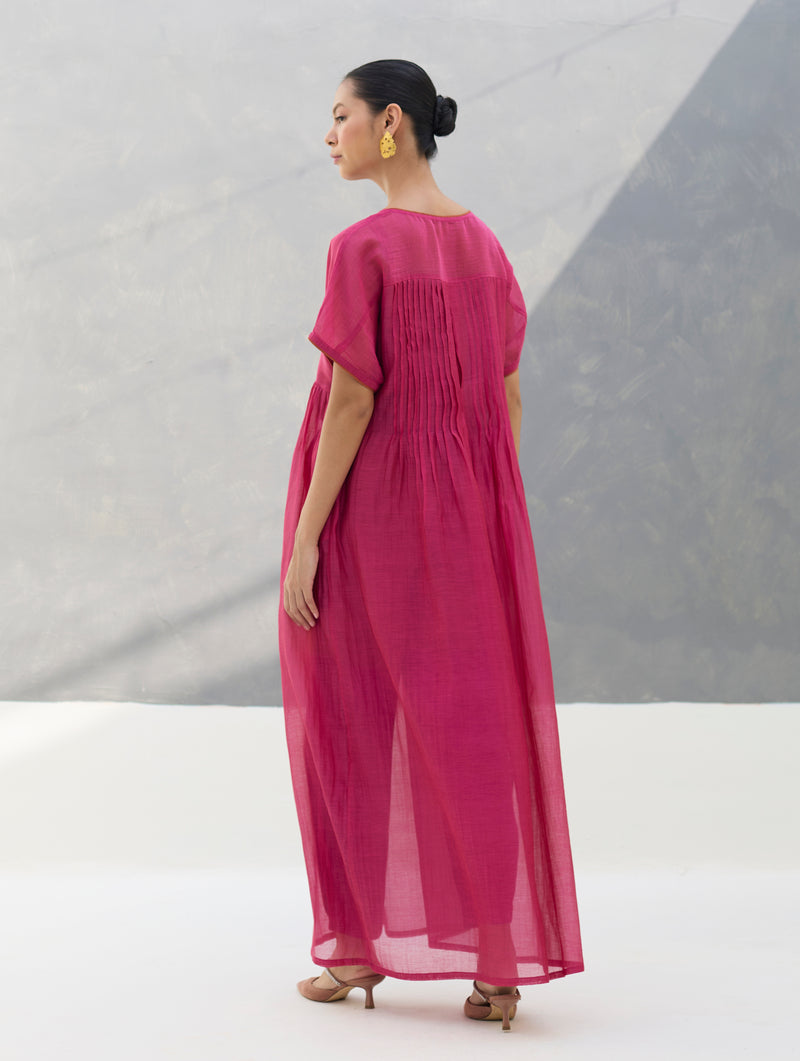 Vara Sheer Silk Chanderi Dress - Rose