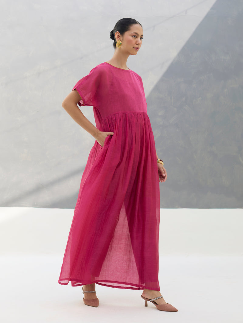 Vara Sheer Silk Chanderi Dress - Rose