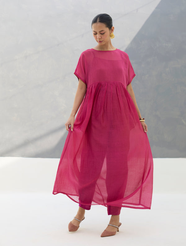 Vara Sheer Silk Chanderi Dress - Rose
