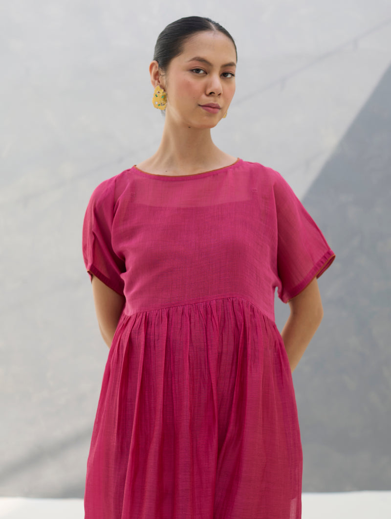 Vara Sheer Silk Chanderi Dress - Rose