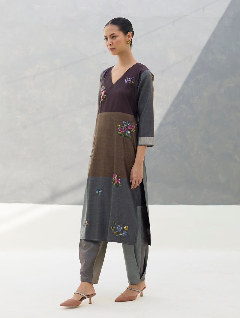 Nira Hand-Embroidered Eri Silk Kurta -  Taupe Grey