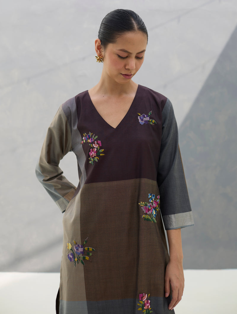 Nira Hand-Embroidered Eri Silk Kurta -  Taupe Grey