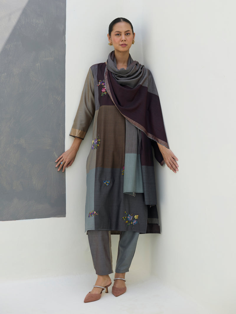 Nira Hand-Embroidered Kurta Set -  Taupe Grey