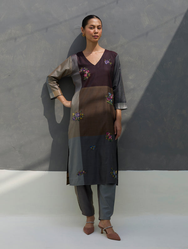 Nira Hand-Embroidered Kurta Set -  Taupe Grey