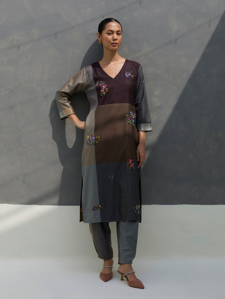 Nira Hand-Embroidered Kurta Set -  Taupe Grey