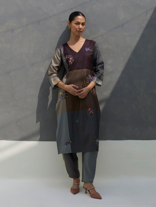 Nira Hand-Embroidered Kurta Set -  Taupe Grey