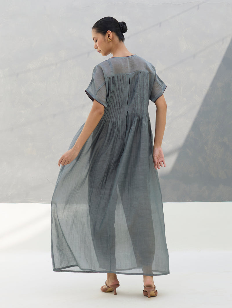 Vara Sheer Silk Chanderi Dress - Grey