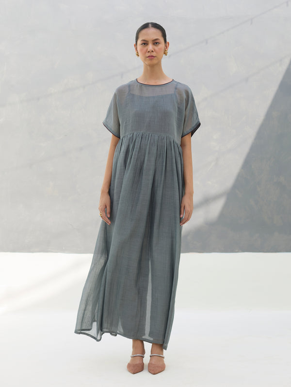 Vara Sheer Silk Chanderi Dress - Grey