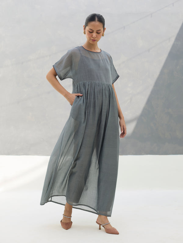 Vara Sheer Silk Chanderi Dress - Grey