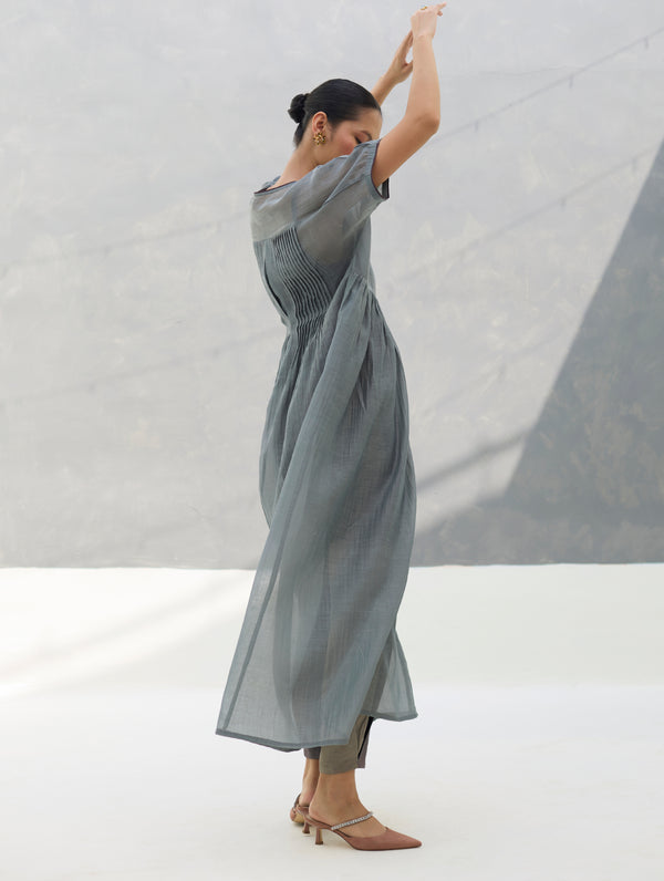 Vara Sheer Silk Chanderi Dress - Grey