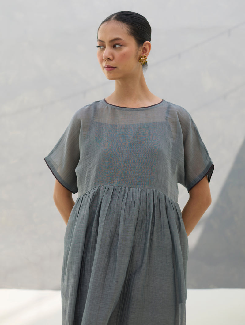 Vara Sheer Silk Chanderi Dress - Grey