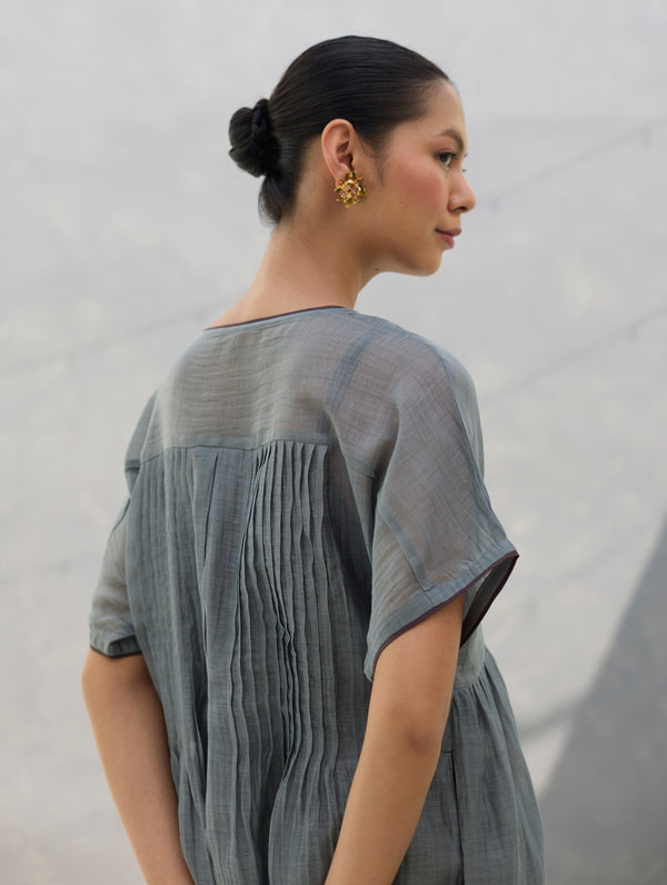 Vara Sheer Silk Chanderi Dress - Grey