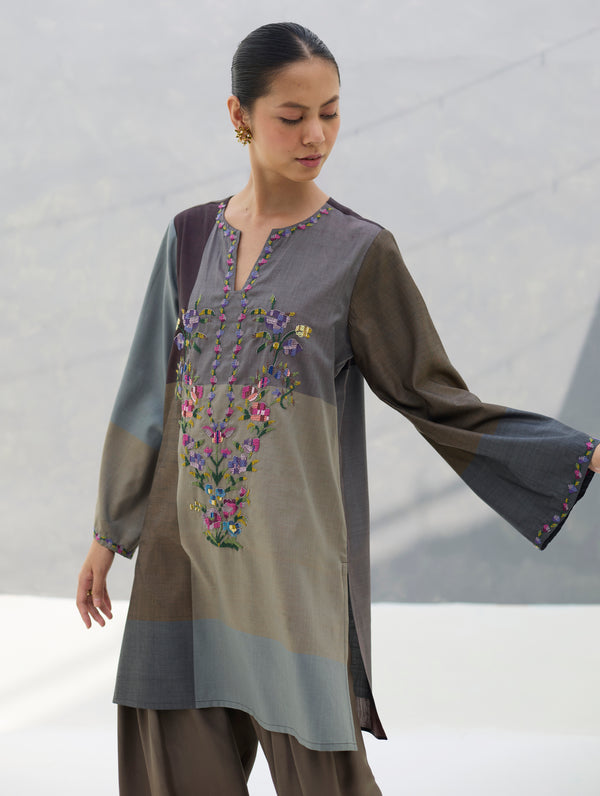 Athiya Hand-Embroidered Short Kurta - Taupe Grey