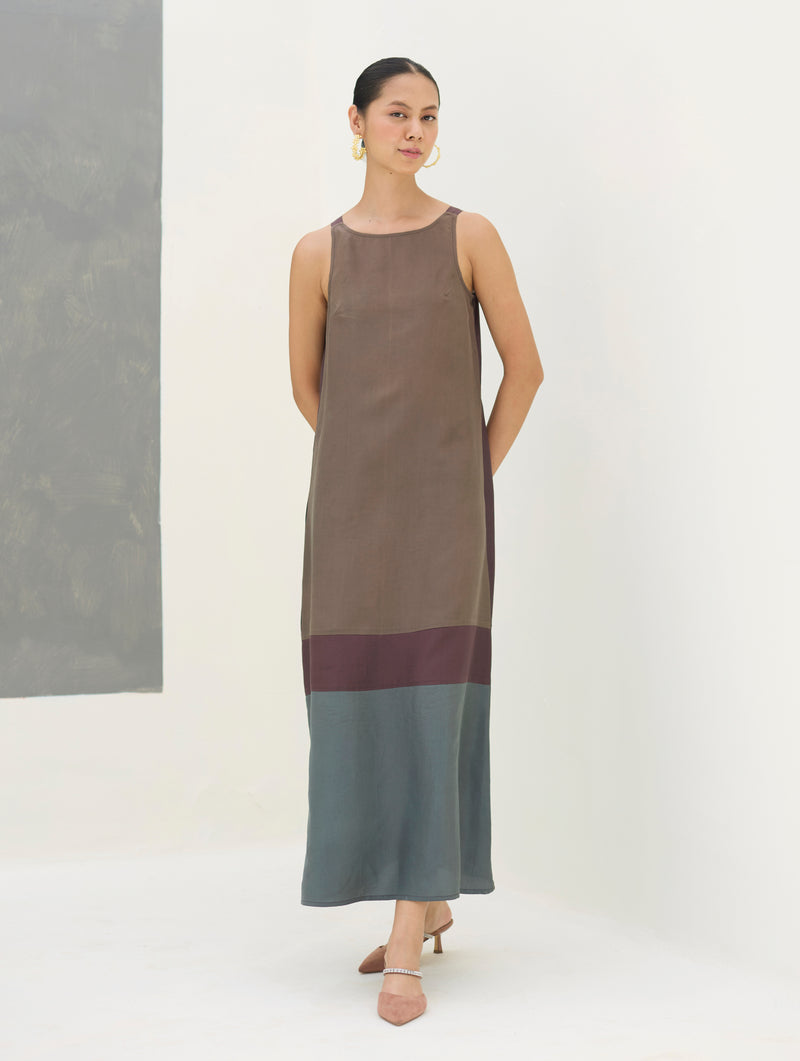 Darri Hand-Embroidered Overlay with Mulberry Silk Dress - Taupe Grey