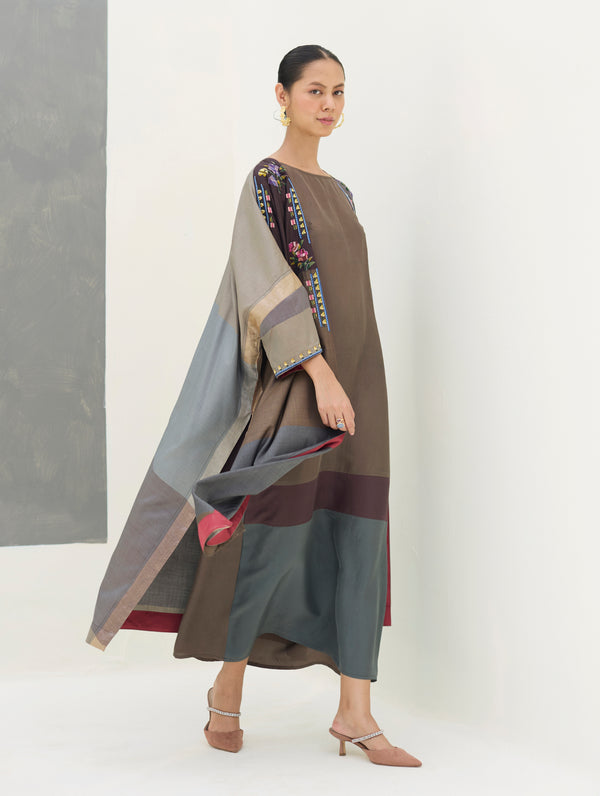 Darri Hand-Embroidered Overlay with Mulberry Silk Dress - Taupe Grey