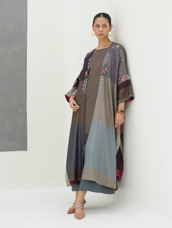 Darri Hand-Embroidered Overlay with Mulberry Silk Dress - Taupe Grey