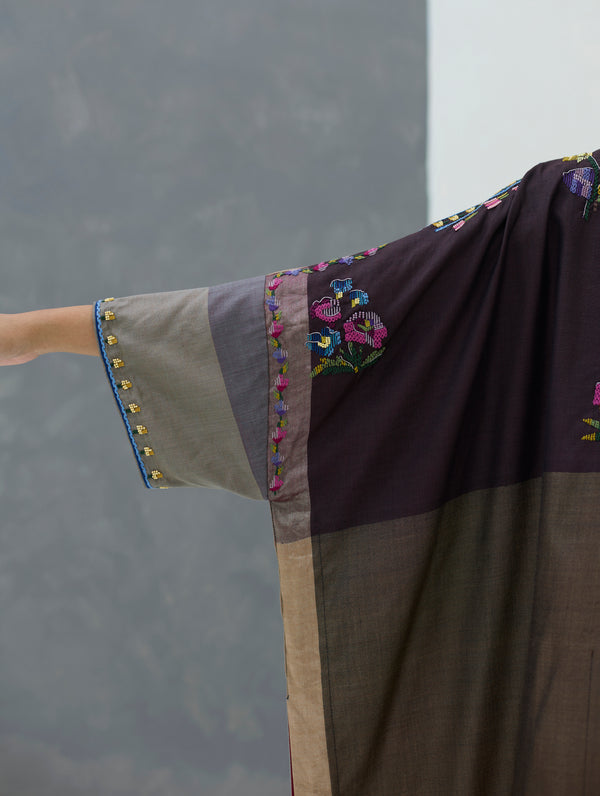 Darri Hand-Embroidered Overlay with Mulberry Silk Dress - Taupe Grey