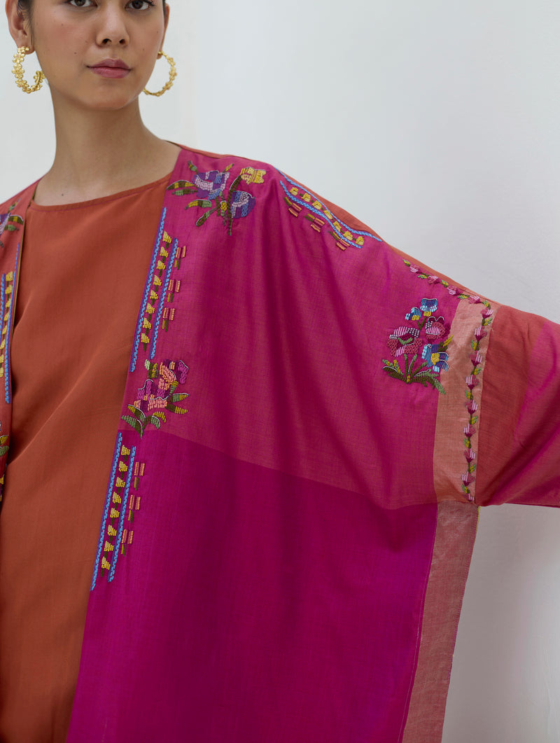 Darri Hand-Embroidered Overlay with Mulberry Silk Dress - Rose