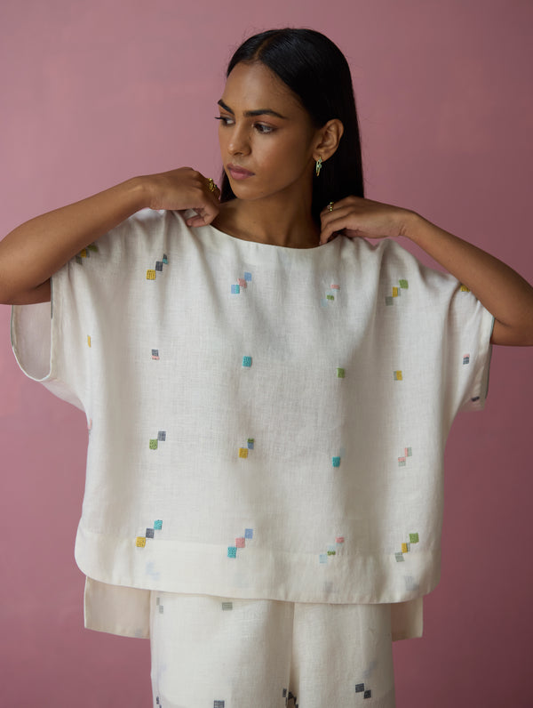 Kanni Hand-Embroidered Jamdani Co-ord Set - Ivory