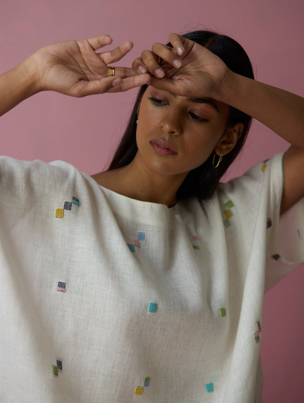 Kanni Hand-Embroidered Jamdani Co-ord Set - Ivory