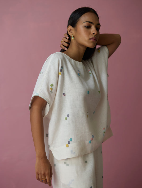 Kanni Hand-Embroidered Jamdani Co-ord Set - Ivory